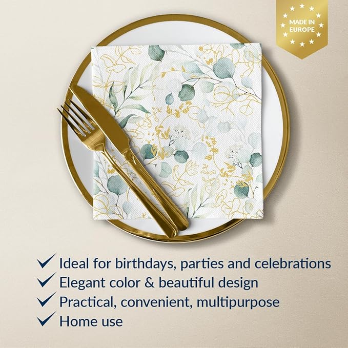 PAW - 50 Pieces Airlaid Paper Linen-Feel Napkins 16" x 16", Disposable Cloth-Like Napkins with Eucalyptus Design, Dinner Napkins for Kitchen, Party, Wedding, Barbecue, Picnic