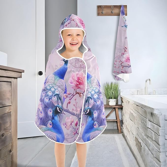Hooded Towel for Kids A Pair of Pale Blue Peacocks Beach Wrap Bath Towels 50x23.5in