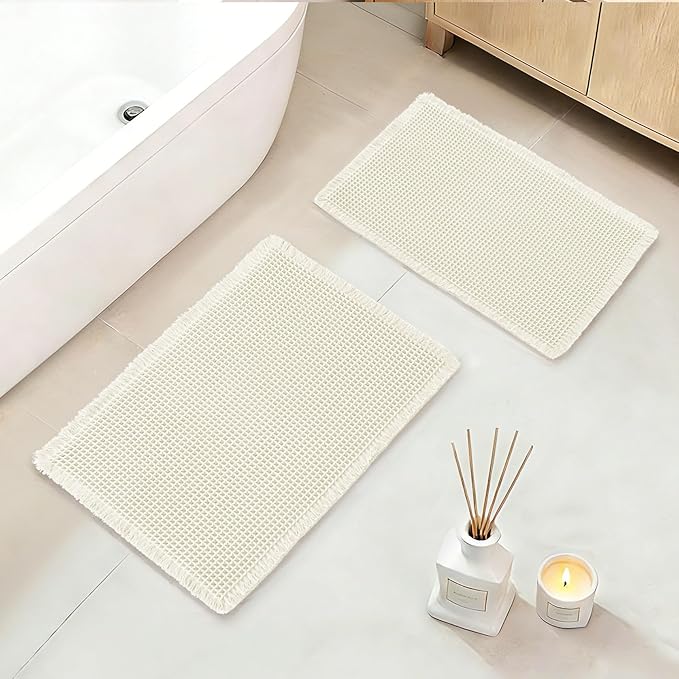DWCN Waffle Bathroom Mat Set, Super Absorbent Non Slip Bath Rug Set for Bathroom Floor, Shower Mats 2 Pcs for Tub, Washable Kitchen Rugs for Farmhouse Boho Home Decor, 24"x16"Plus 32"x20", Ivory