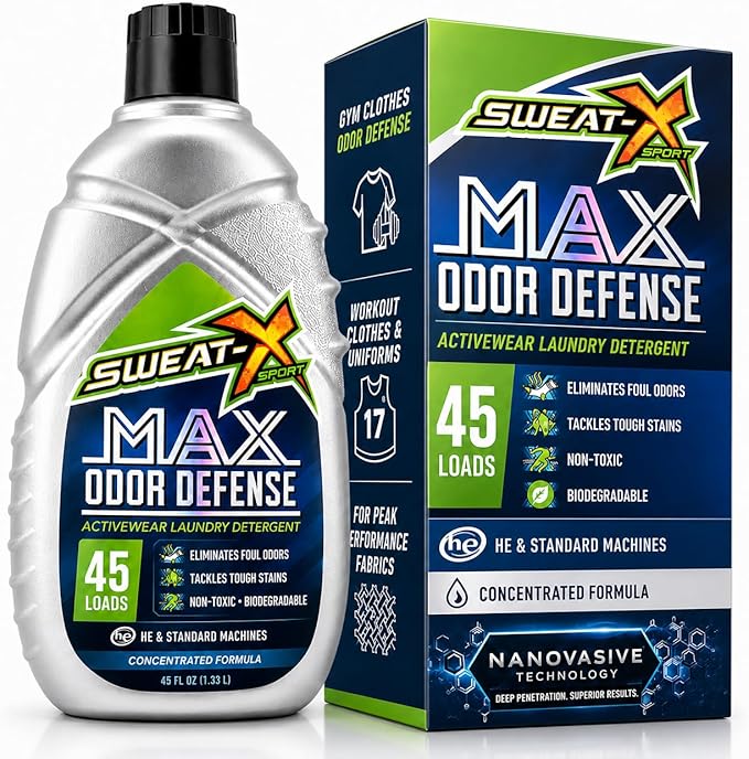 SWEAT X Max Odor Defense Laundry Detergent Liquid - Natural Washing Detergent for Activewear & Gym Clothes - Laundry Detergent for Sensitive Skin - Concentrated Detergent, 45 Loads (1 Bottle)