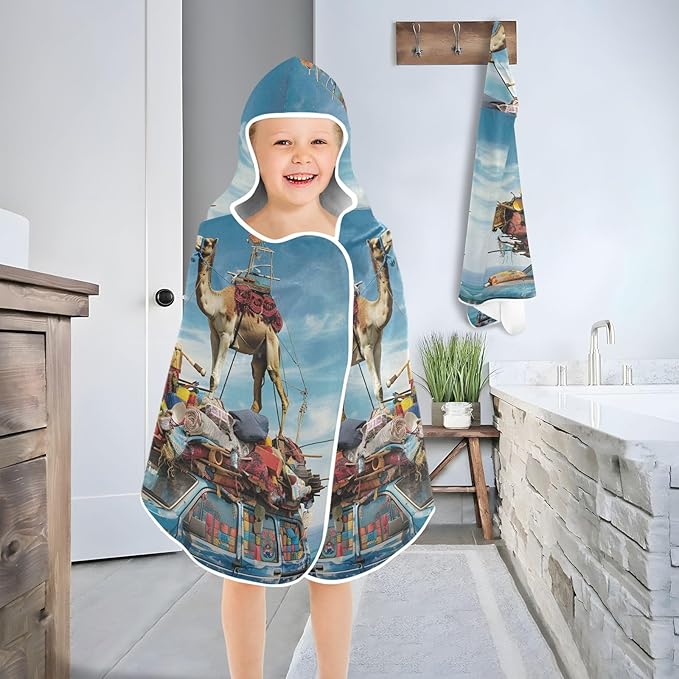 Hooded Towel for Kids Camel on Old Blue Car Beach Wrap Bath Towels 50x23.5in