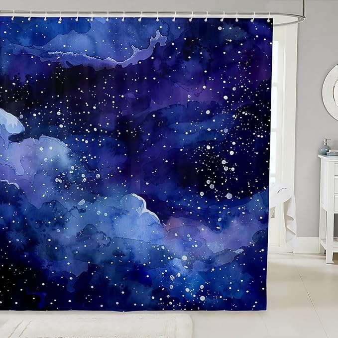 Outer Space Bath Curtain Galaxy Cosmic Universe Theme Bathroom Shower Curtain Set Starry Night Sky Shower Curtain For Kids Adult Glowing Stars Waterproof Shower Curtain with Hooks Blue Navy 72x72 Inch