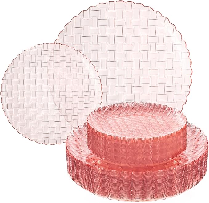 Festiva 60PCS Clear Pink Plastic Plates - Heavy Duty Weave Pattern Fancy Disposable Plates -serve for 30 guests Include 30PCS 10" & 30PCS 7" Plates for Birthday & Easter Party(Pink)