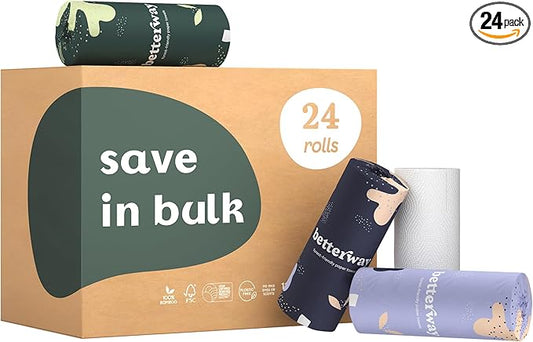 Betterway Bamboo Paper Towels - 24 Rolls, 2 Ply - Plastic Free, Disposable Kitchen Paper Towels - Select Size, Tree Free, Compostable, Strong & Absorbent