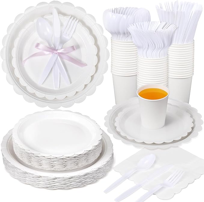 Ziliny 350 Pcs White Plates and Napkins, 50 Guest White Party Supplies Include Scalloped Paper Plates Napkins Cups Plastic Spoons Forks Knives Disposable Tableware Set for Weeding Bridal Baby Shower