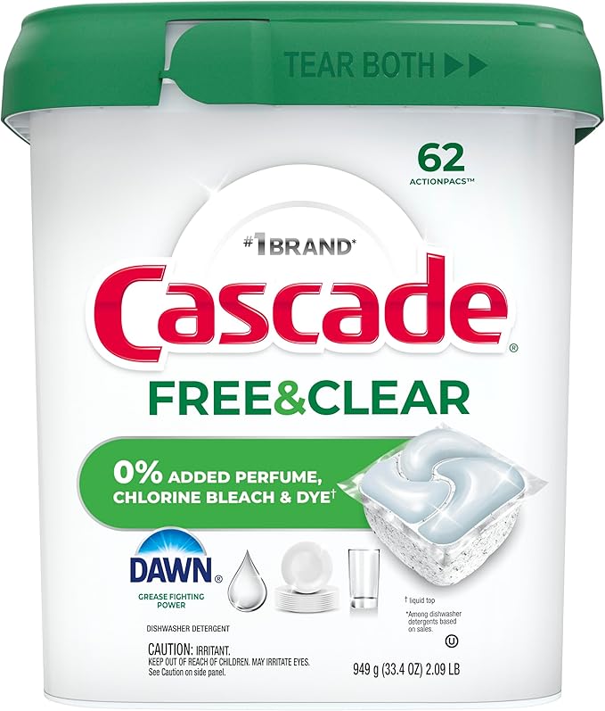 Cascade Free & Clear Dishwasher Pods, Dishwasher Detergent, Dish Detergent Soap, Unscented, 62ct