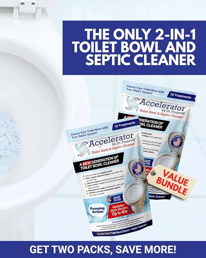 Accelerator by Dr. Pooper Toilet Bowl and Septic Cleaner — Foaming Bio-Activated Formula — Cleans Bowl, Treats Septic System, Reduces Pump-Outs — Non-Toxic — 2-Pack, 32 Treatments — Made in USA
