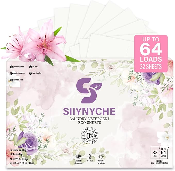 YUCO Laundry Detergent Sheets Jasmine and Lily Scent-64 Loads Travel Laundry Sheets Detergent Hypoallergenic Removes Stains & Odors