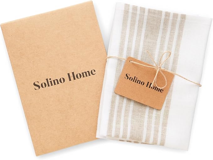 Solino Home Natural and White Linen Kitchen Towels Set of 2-100% Pure Linen 17 x 26 Inch Farmhouse Tea Towels with Hanging Loop - European Flax Kitchen Dish Cloth - Quick Dry & Machine Washable