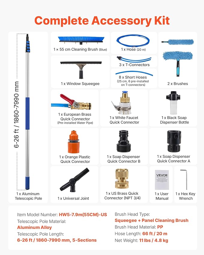 VEVOR Solar Panel Cleaning Kit, 26 ft, Water Fed Pole Kit with Cleaning Brush, Squeegee, Soap Dispenser, Extendable Aluminum Telescopic Pole, 180° Rotatable Brush Head, for Roof Mounted Solar Panels