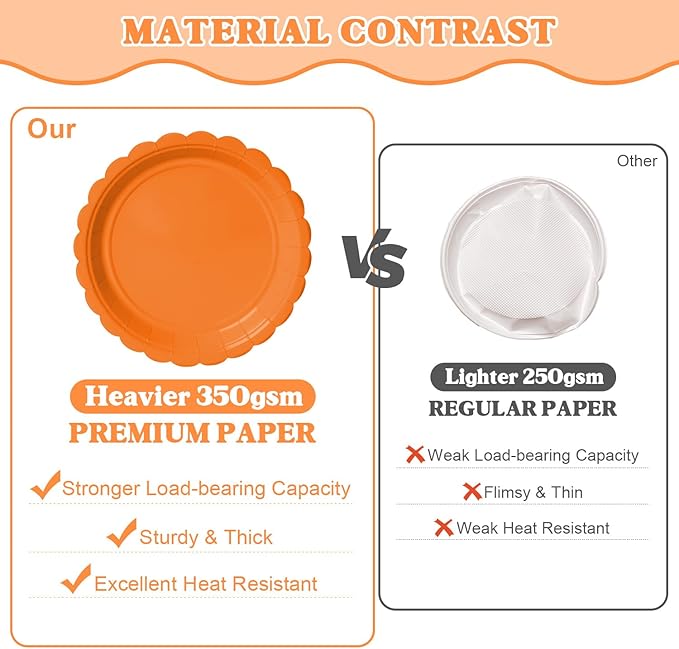 Vyntra 350 Pcs Orange Disposable Paper Plates and Napkins Set for 50, 9" Dinner Plates & 7" Dessert Plates, Tableware for Halloween, Fall Party, Birthday, Picnic