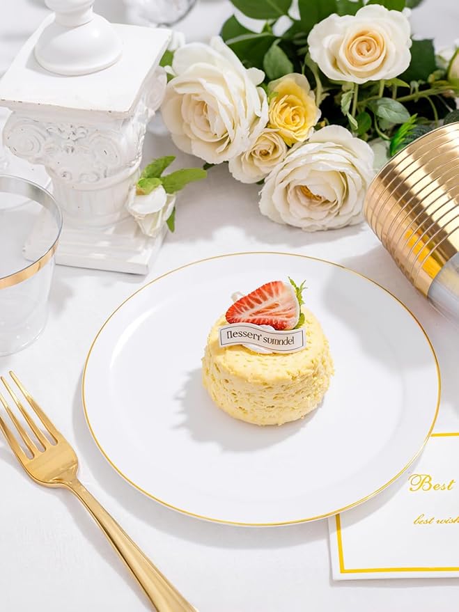 WDF 150Pcs White and Gold Plastic Plates - Gold Plates Disposable - 25 Guest Disposable Dinnerware Include 25 Dinner Plate 25 Dessert Plate 25 Cutlery 25 9oz Cups for Wedding/Birthday/Party