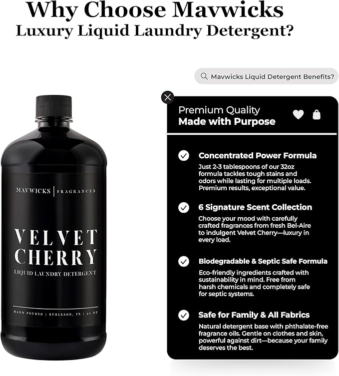 Mavwicks - Laundry Liquid Detergent (Velvet Cherry) - 32 Oz Laundry Perfume Bottle for Men & Women, Stain & Odor Remover, Deep Clean, Long-Lasting Fragrance and Freshness for All Fabrics