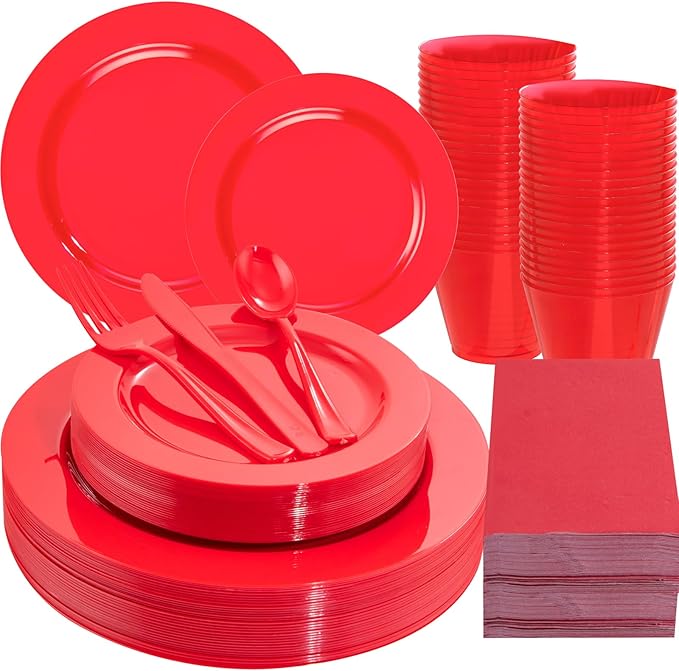 Gather 176 Pieces Red Plastic Plates- Red Heavy Duty Disposable Plates Dinnerware 50Plates, 75 Plastic Silverware, 25 Napkins, 25 Cups Bonus 1 Red Plastic Tablecloth for Party& Wedding &Mother's Day