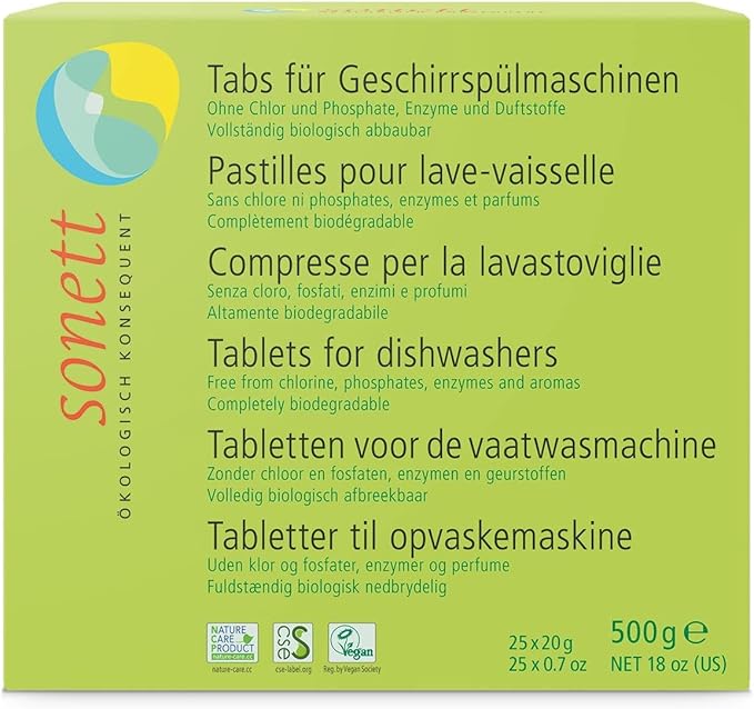 Sonett Organic Dishwasher Tablets 25 Count Deep Clean Dish Tab Fresh Scent 25 tablets x 0.67oz,18 fl.oz/ 500gr (5 Count)