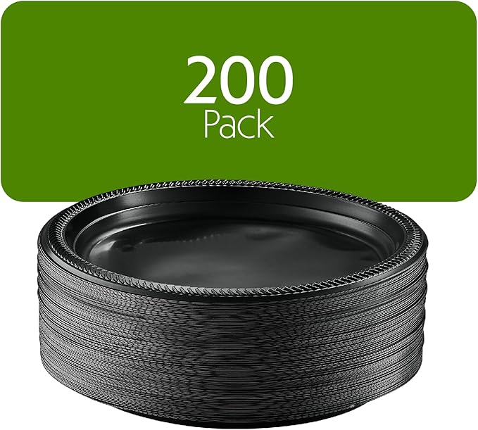 PLASTICPRO 200 PCS Black Plastic Plates Light Weight 10'' Inch Plastic Dinner Plates Black Plates Disposable for Party and Wedding