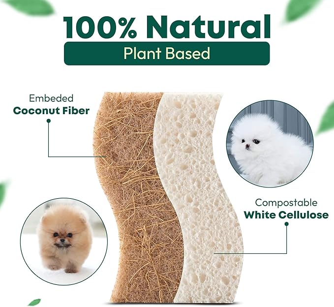 Biodegradable Natural Kitchen Sponges - Compostable Dish Sponge Scrubber, 6 Pack Multipurpose Sponges for Dishes, Cleaning Scrub Sponge for Dishwashing