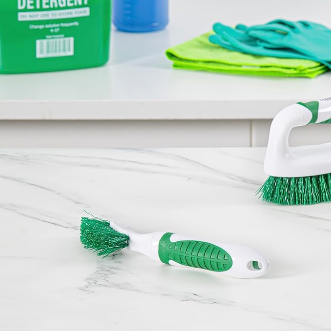 Restaurantware Grout Brush 10 Pack of 9 Tile Scrubbing Brush Stiff Bristle Ergonomic Handle Angled Head Narrow Design Green and White Plastic Cleaning Tool