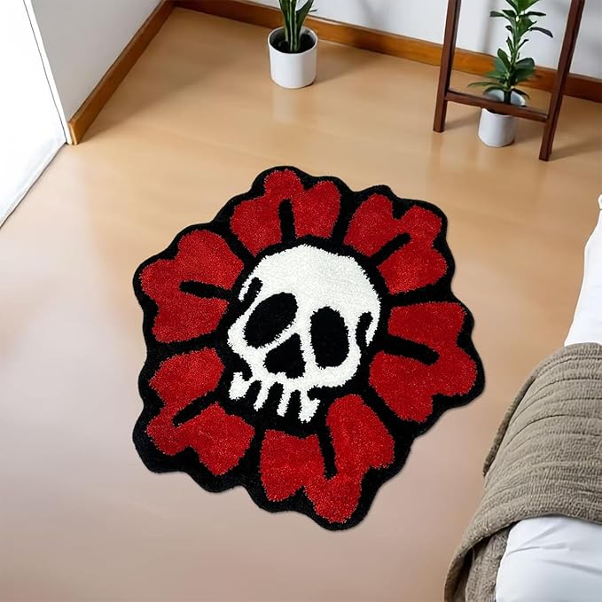 Trippy Skull Rug Cool Bathroom Rugs Gothic Red Flower Tufted Extra Soft Water Absorbent Quick Dry Bathroom Mat Non Slip Bath Mat Halloween Horror Goth Decor Carpet, 2.6 x 2.6FT