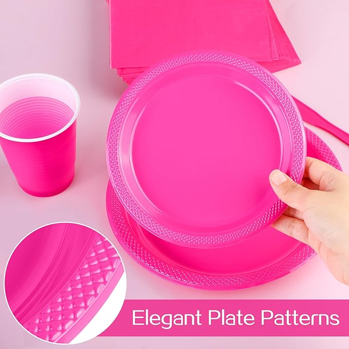 Aodaer 200 Pieces Hot Pink Party Supplies Disposable Dinnerware Set Include Plastic Plates Cups Knives Forks Spoons Paper Napkins for Birthday Wedding Graduation Parties, Serve 25 Guests