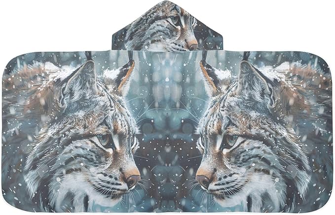 Hooded Towel for Kids Frosty Bobcat Stares Into The Snowy Forest Beach Wrap Bath Towels 50x23.5in