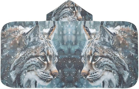Hooded Towel for Kids Frosty Bobcat Stares Into The Snowy Forest Beach Wrap Bath Towels 50x23.5in