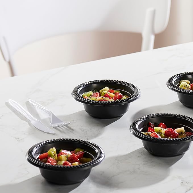 PLASTICPRO 400 PCS Black Plastic Bowls Light Weight 5 oz Small Plastic Soup Bowls Black Salad Dessert Plates Disposable for Party and Wedding