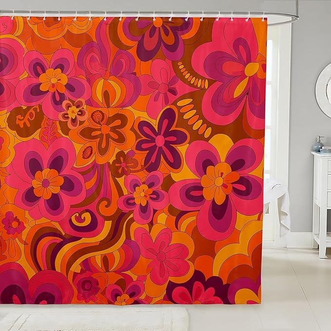 Kids Retro Hippie Flowers Shower Curtain Vintage Boho Floral Print Bathroom Shower Curtain Set for Boys Teens Botanical Blossom Bath Curtain 60S 70S Groovy Blossom Kids Bathroom Accessories 72"x78"