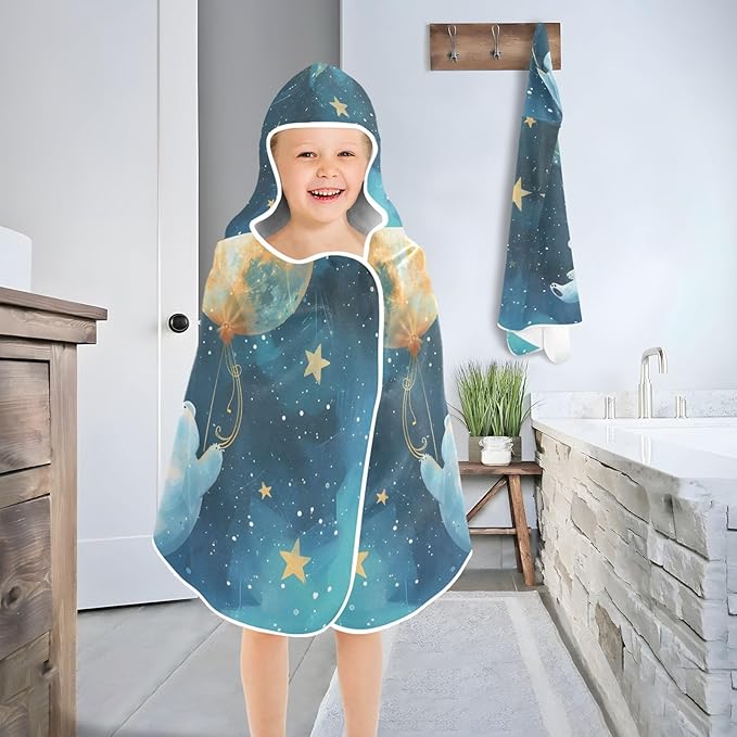 Hooded Towel for Kids Lovely Blue White Bear Flying in Starry Sky Beach Wrap Bath Towels 50x23.5in