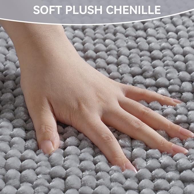 Bathroom Rugs Mat 16x24, Extra Soft Absorbent Chenille Bath Rug, Non Slip PVC Backing Washable Quick Dry Bath Mats for Bathroom Fit Under Door, Tub, Shower, Sink, Home Decor Accessories, Grey