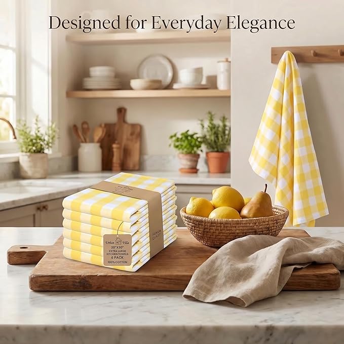 Urban Villa Easter Kitchen Towels Set of 6 Buffalo Checks Yellow/White Kitchen Towels 20X30 Inches 100% Cotton Highly Absorbent Kitchen Towels Premium Quality Ultra Soft Mitered Corners KitchenTowels