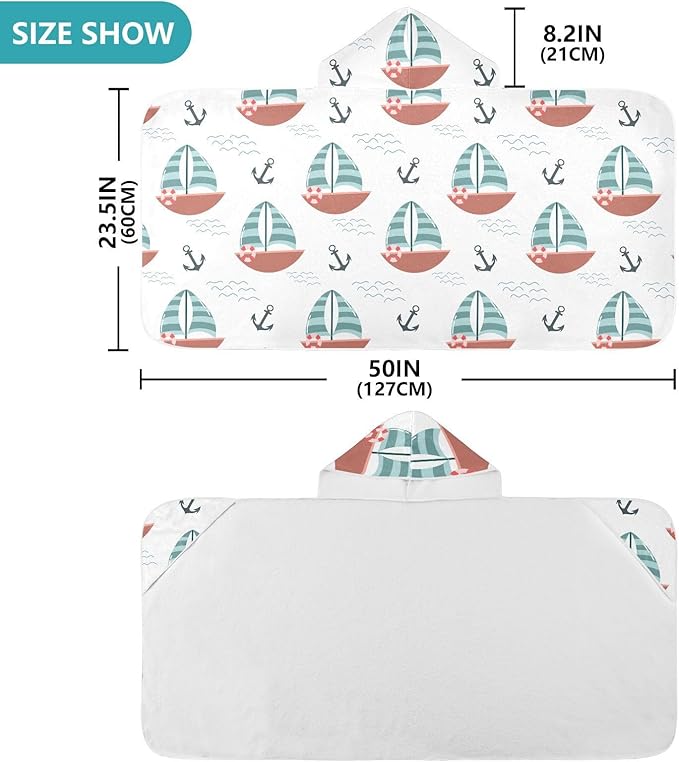 susiyo Kids Hooded Bath Towel Cute Boat Anchor Beach Towel for Kids 23.5 x 50 Inch Microfiber Soft Absorbent Quick Dry Bath Swim Pool Towel Wrap Poncho Bathrobe with Hood for Kids Toddler