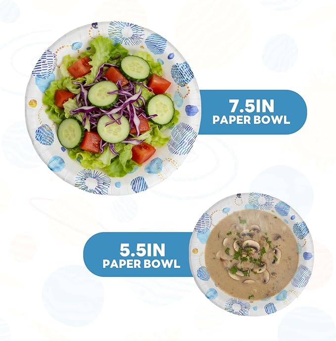 30 Pack Paper Bowls, 16 Oz Disposable Soup Bowl, Heavy Duty Printed Disposable Bowls Bulk For Snacks, Dessert, Breakfast, Lunch And Dinner Meals (Blue)