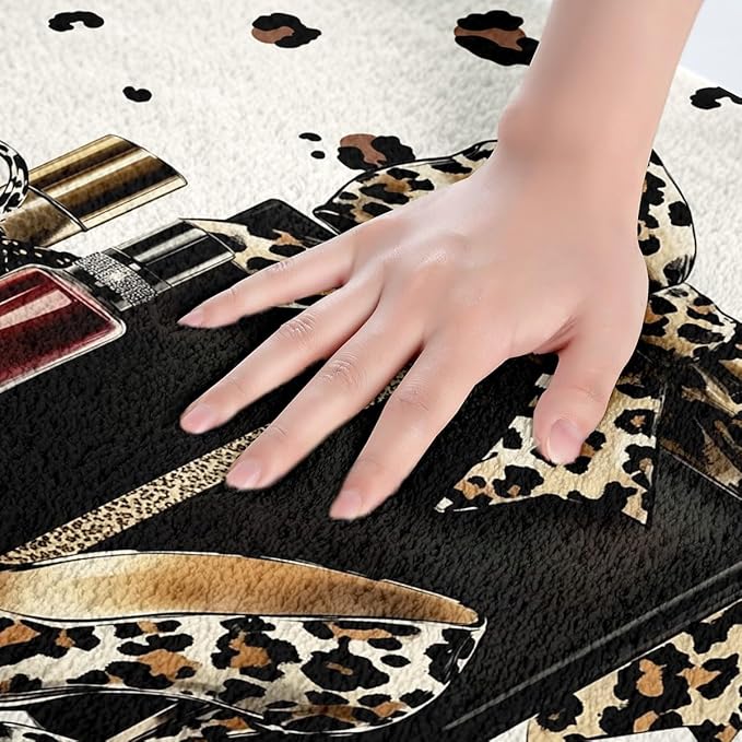 Brown Leopard Bowknot Kids Bath Mats,High-Heeled Shoe Perfume Lipstick Mats Rugs for Girls,Princess Beauty Cheetah Bath Carpets,Modern Fashion Bath Rugs,Absorbent Floor Mats,16Wx24L Inches