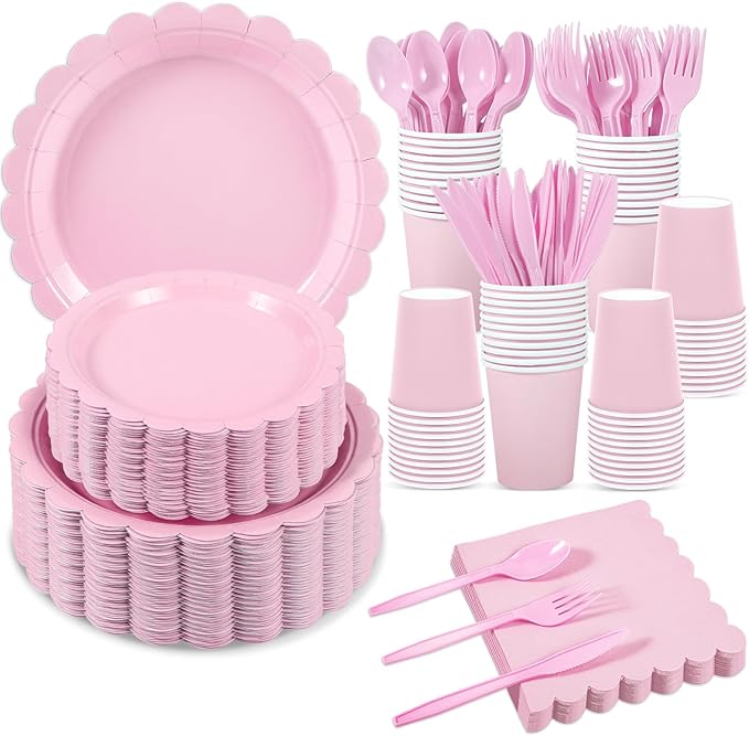 350 Pcs Pink Paper Plates and Napkins, Pink Party Decorations Include Paper Plates Napkins Cups Plastic Cutlery for Girls Birthday, Baby Bridal Shower, Wedding