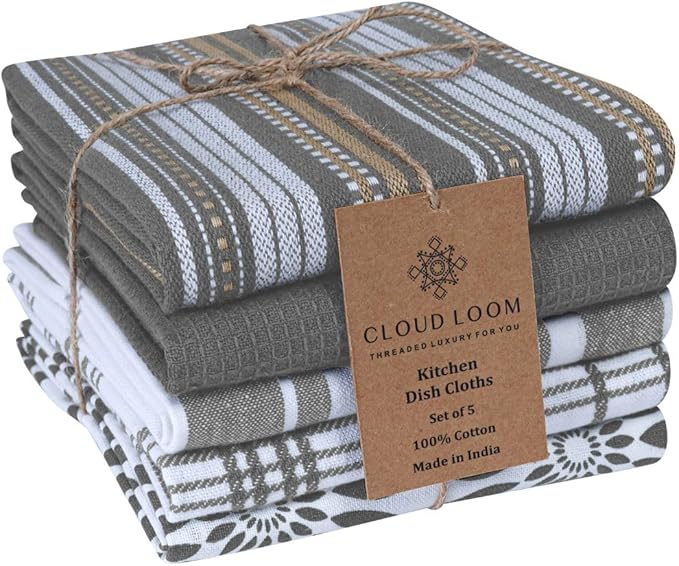 100% Cotton Assorted Kitchen Towels - Assorted Set of 5 Large 16x26 inch - Soft Absorbent Durable - Ideal for Drying, Cleaning, and Everyday Kitchen Use - Quick-Drying Dish Towel Grey
