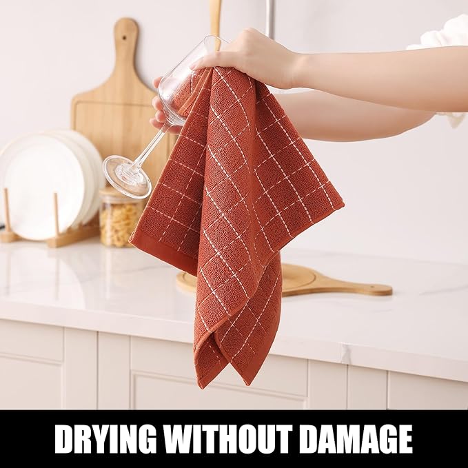Homaxy 100% Cotton Terry Kitchen Towels(Rust, 13 x 28 inches), Checkered Designed, Soft and Super Absorbent Dish Towels, 12 Pack