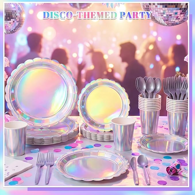 175 Pcs Iridescent Party Decorations Include 25 guest Scalloped Holographic Sliver Paper Plates and Napkins Set for Birthday, Bachelorette, Mermaid, Disco, Frozen