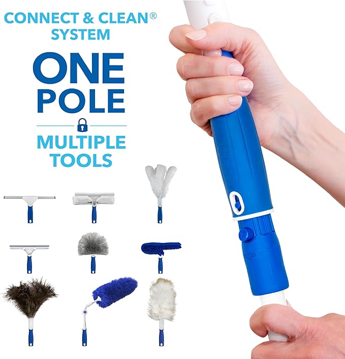 Unger Connect and Clean Dusting Kit with 4' Steel Pole, Features Microfiber Duster, Cobweb and Corner Duster and Microfiber Feather Duster, High-Access Dusting and Cleaning