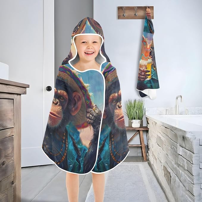 Hooded Towel for Kids Happy Monkey Drinks Beach Wrap Bath Towels 50x23.5in