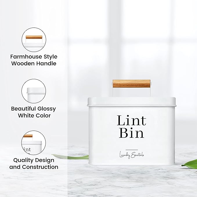 Simplation Modern Farmhouse Lint Bin for Laundry Room Decor and Accessories, Metal Lint Bin for Laundry Decor, Lint Holder Bin for Laundry Room Organization (White)