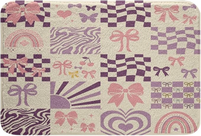 Pink Bowknot Kids Bath Mats,Geometric Plaid Grid Checkerboard Patchwork Mats Rugs for Girls,Bow Tie Rainbow Cherry Bath Carpets,Purple Dreamy Bath Rugs,Absorbent Floor Mats,16Wx24L Inches