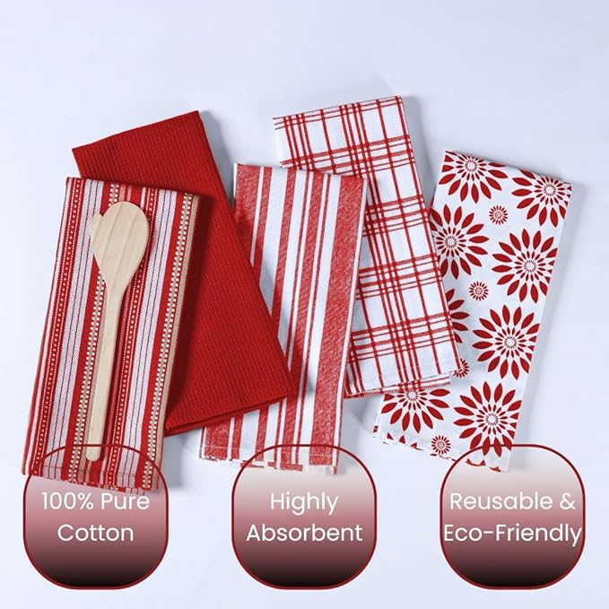 Assorted Kitchen Towels Large 16x26 inch 100% Cotton Set of 5 - Soft Absorbent Washable Tea Towel for Kitchen - Dish Cloths Towel with Hanging Loop - Quick Drying Dish Towels Red