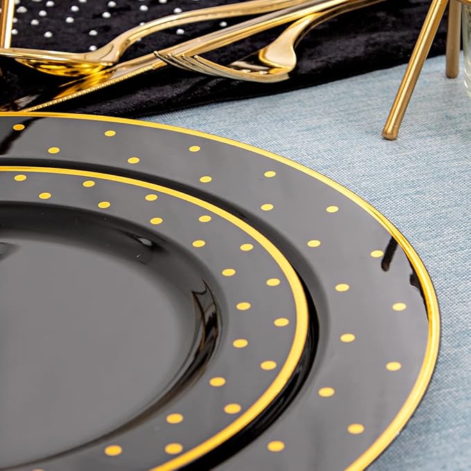 DaYammi 200Pcs Gold and Black Plastic Plates with Silverware,Black Disposable Plates for Party Black Gold Supplies Includes 40 Dinner Plate,40 Dessert Plate,40 Forks,40 Knives,40 Spoons for Party