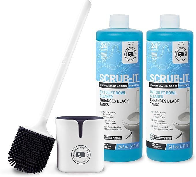 Unique RV Toilet Cleaner Bundle, Scrub-It Liquid 24 oz. (Pack of 2) and RV Toilet Brush, Value Pack