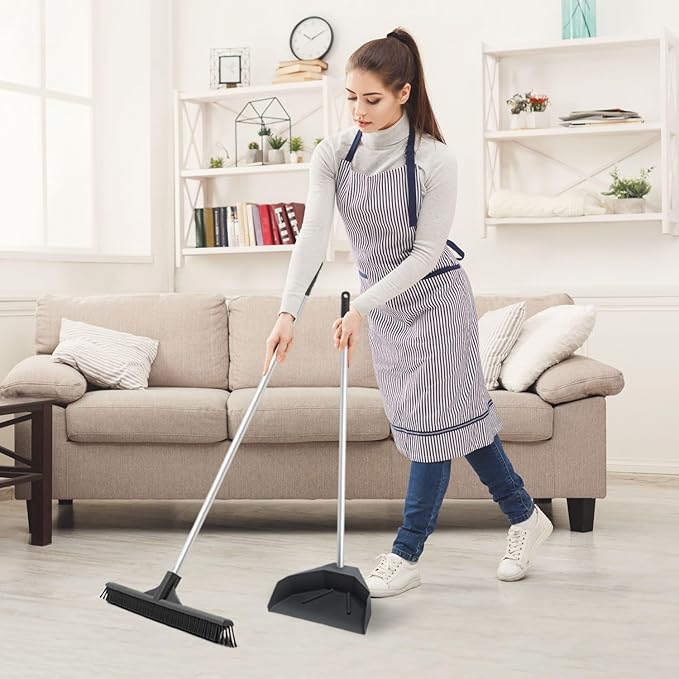 Silicone Dust Pan with Handle Lobby Dustpan with Long Handle Stand Up Dustpan, 35" Aluminum Long Handle, by Superio