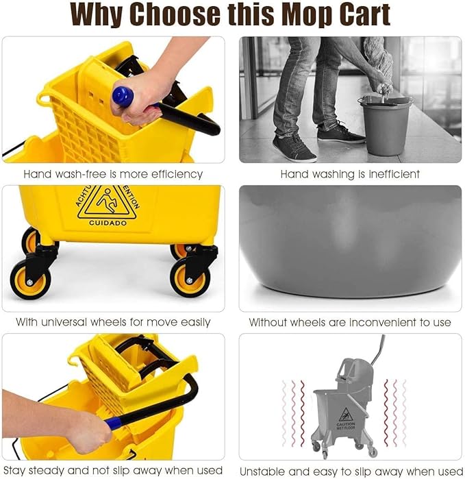 Nightcore Commercial Mop Bucket, All-in-one Tandem Floor Cleaning Wavebrake, Detachable Handle, Side Press Cleaning Wringer Portable Trolley On Wheels for Household, Commercial, 26 Quart Capacity