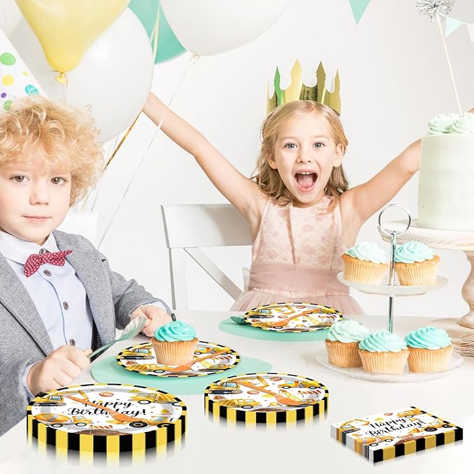 100 Pieces Construction Birthday Party Tableware Set – Truck Disposable Plates, Napkins and Forks, Excavator Dump Truck Party Supplies for Boys Birthday and Construction Theme Decorations