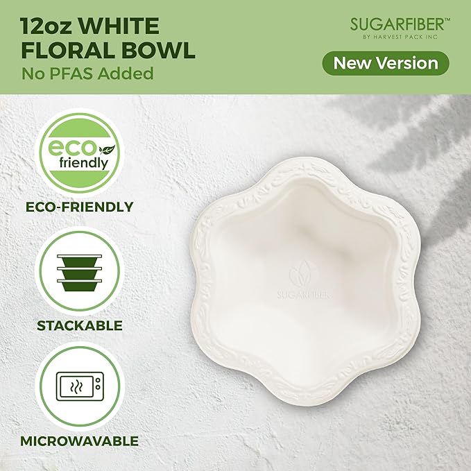12oz Compostable Bowls[400 Pack] - Disposable Paper Dessert Bowls, White Scalloped Floral Ice Cream Bowls, Eco Friendly Biodegradable Bagasse Party Bowls, Plastic-Free Bulk Bowls, New Version