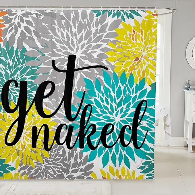 Teal Dahlia Bath Curtain Turquoise Floral Cloth Fabric Bathroom Decor for Couple Lover Funny Quotes Get Naked Shower Curtain Yellow Gray Flowers Waterproof Shower Curtains Set with Hooks 72x72 Inch